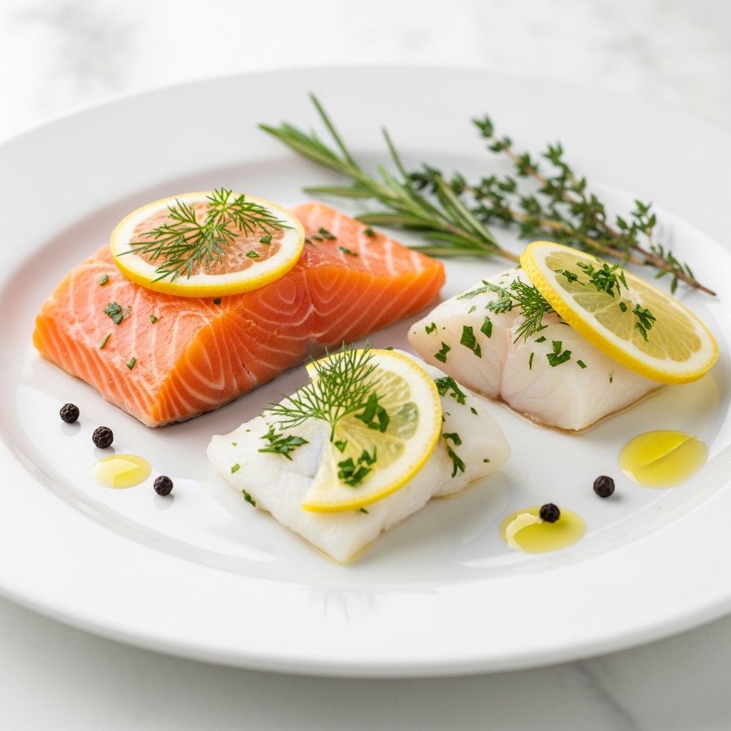 Sveže pripravljeni losos in morske ribe z limono in zelišči na belem krožniku, zdrava prehrana bogata z omega-3 maščobnimi kislinami