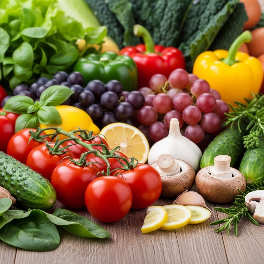 Raznovrstna sveža zelenjava in sadje razporejeni na leseni mizi, barvita mediteranska prehrana bogata z vitamini in minerali